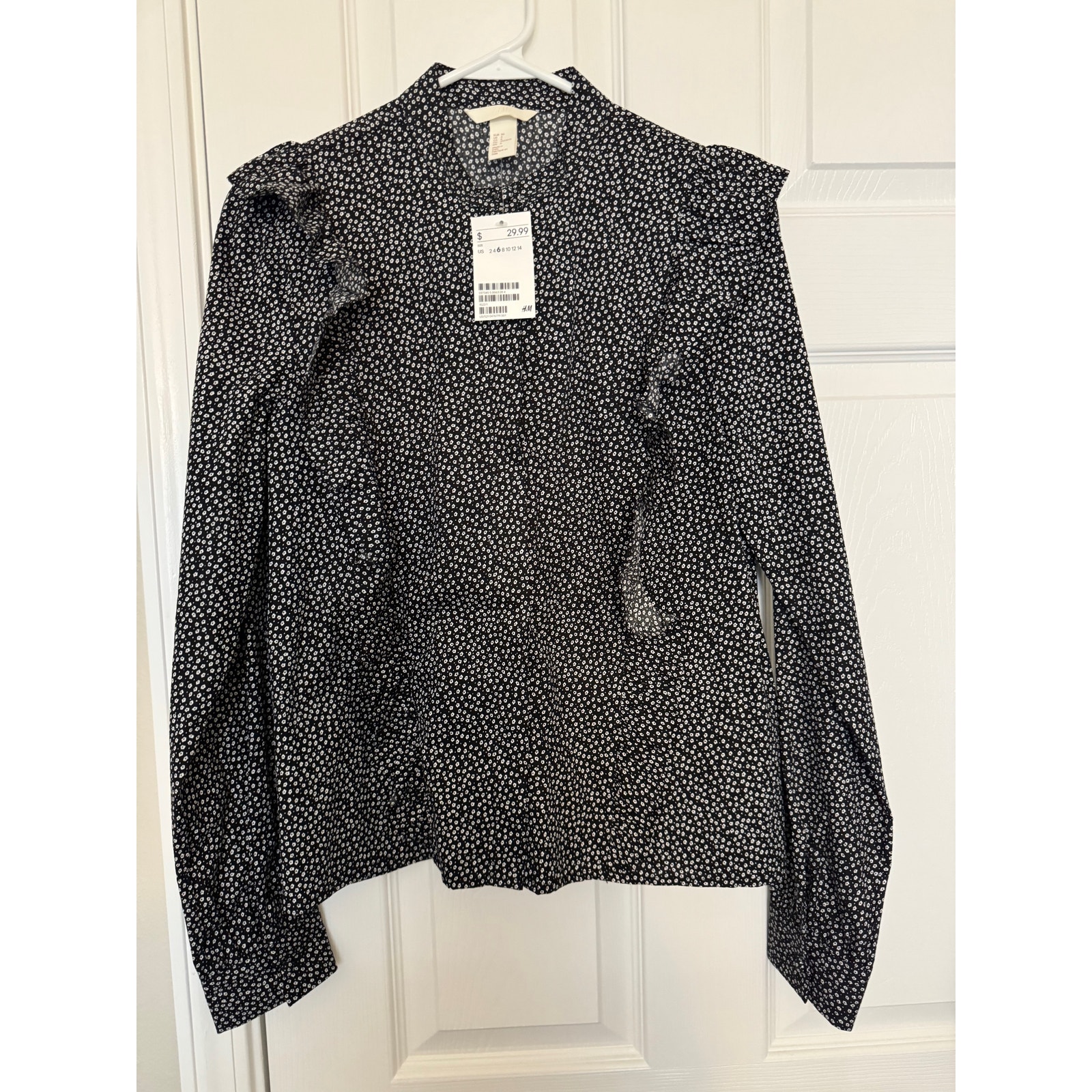 H&M Women's Long Sleeve Blouse 6 Black White Floral Cotton